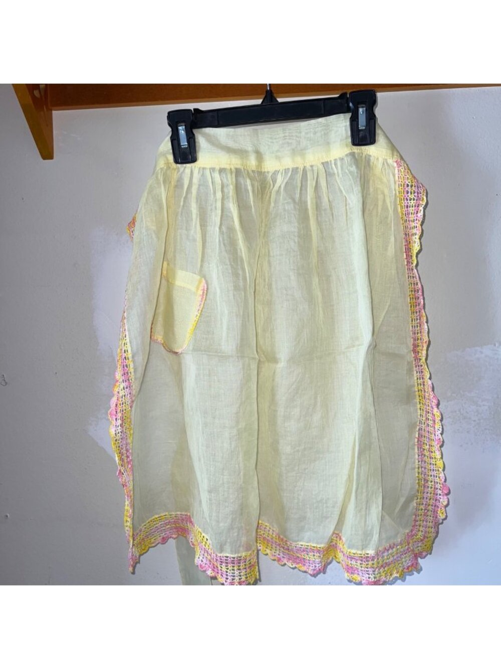 Vintage Sheer Yellow Apron With Pink & Yellow Crochet Edging Pocket cottagecore